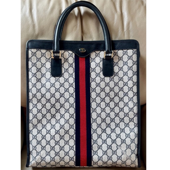 Gucci Handbags - Certified Authentic Vintage Gucci Ophidia Web Navy Monogram Canvas Leather Tote